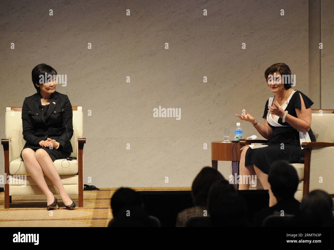 (140912) -- TOKYO, Sept. 12, 2014 -- Akie Abe (L), wife of Japanese Prime Minister Shizo Abe and Cherie Blair (R), wife of former British Prime Minister Tony Blair, have a special talk session titiled Toward a society where women shine during the opening forum of the World Assembly for Women in Tokyo , or WAW! Tokyo , in Tokyo, Japan, on Sept. 12, 2014. WAW! Tokyo 2014 will also have a roundtable discussion among participants from Japan and overseas on Saturday. ) JAPAN-TOKYO-WORLD ASSEMBLY FOR WOMEN Stringer PUBLICATIONxNOTxINxCHN   Tokyo Sept 12 2014 Akie ABE l wife of Japanese Prime Ministe Stock Photo