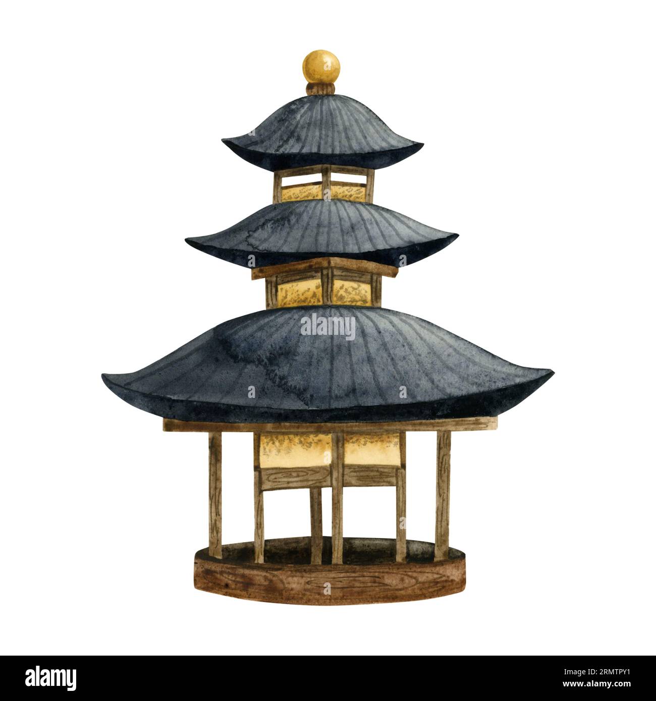 Pagoda house watercolor illustration. Traditional Japanese or Nepal architecture building of Asian culture Stock Photo