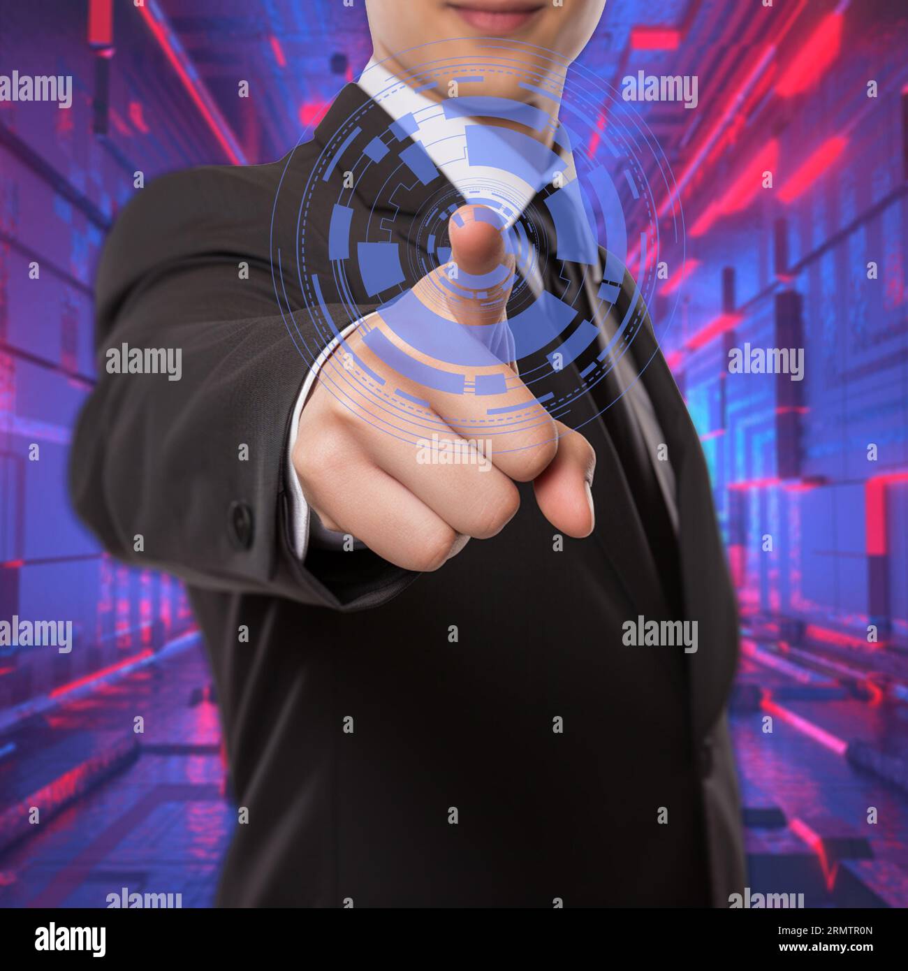 Businessman pressing interface button. Innovation technology. Stock Photo