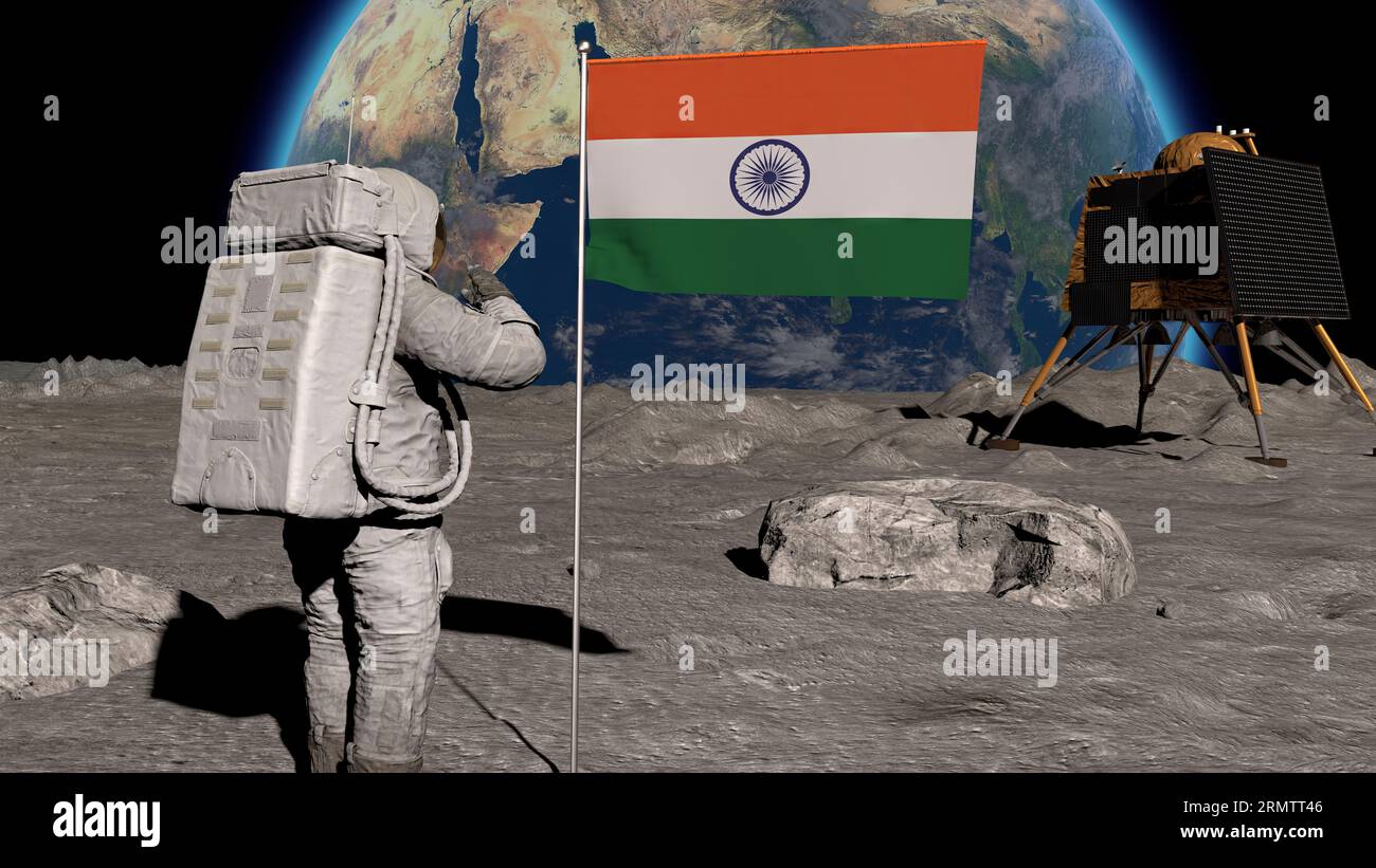 Lunar astronaut walks on the moon with Indian flag and salutes. A spacecraft similar to Chandrayan 3 is visible. Some Elements of this video furnished Stock Photo