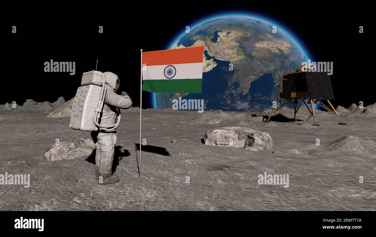 Lunar astronaut walks on the moon with Indian flag and salutes. A spacecraft similar to Chandrayan 3 is visible. Some Elements of this video furnished Stock Photo