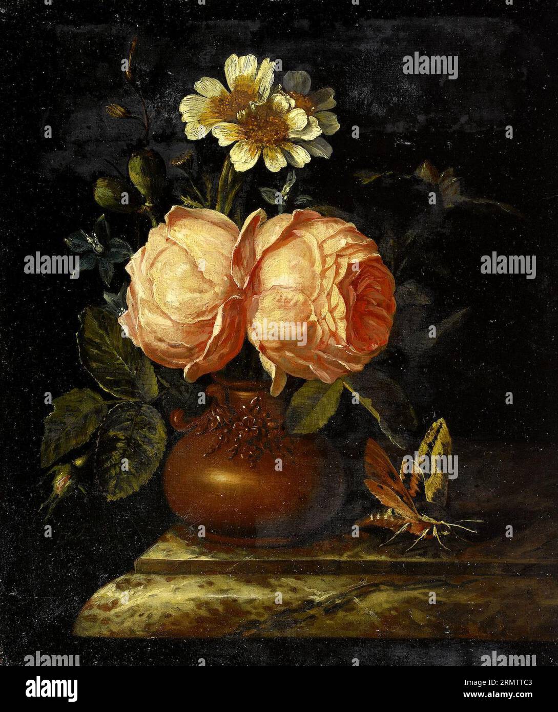 Roses in an earthenware vase on a marble ledge 1706 by Willem