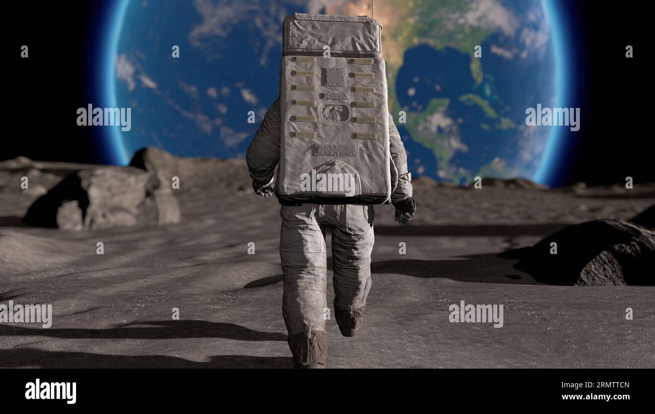 Lunar Astronaut In Space Suit Walking On the Moon. Planet Earth Is ...