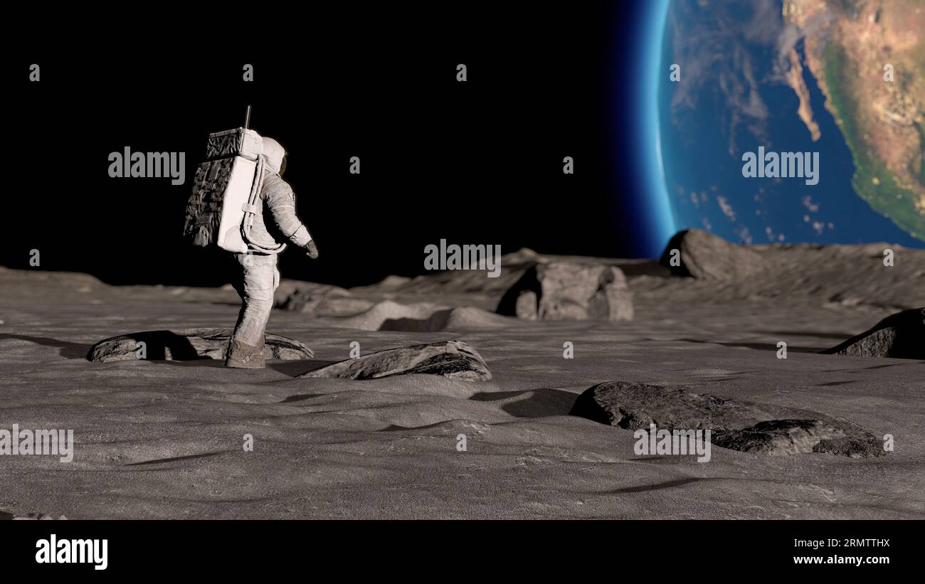 Lunar Astronaut In Space Suit Walking On the Moon. Planet Earth Is ...