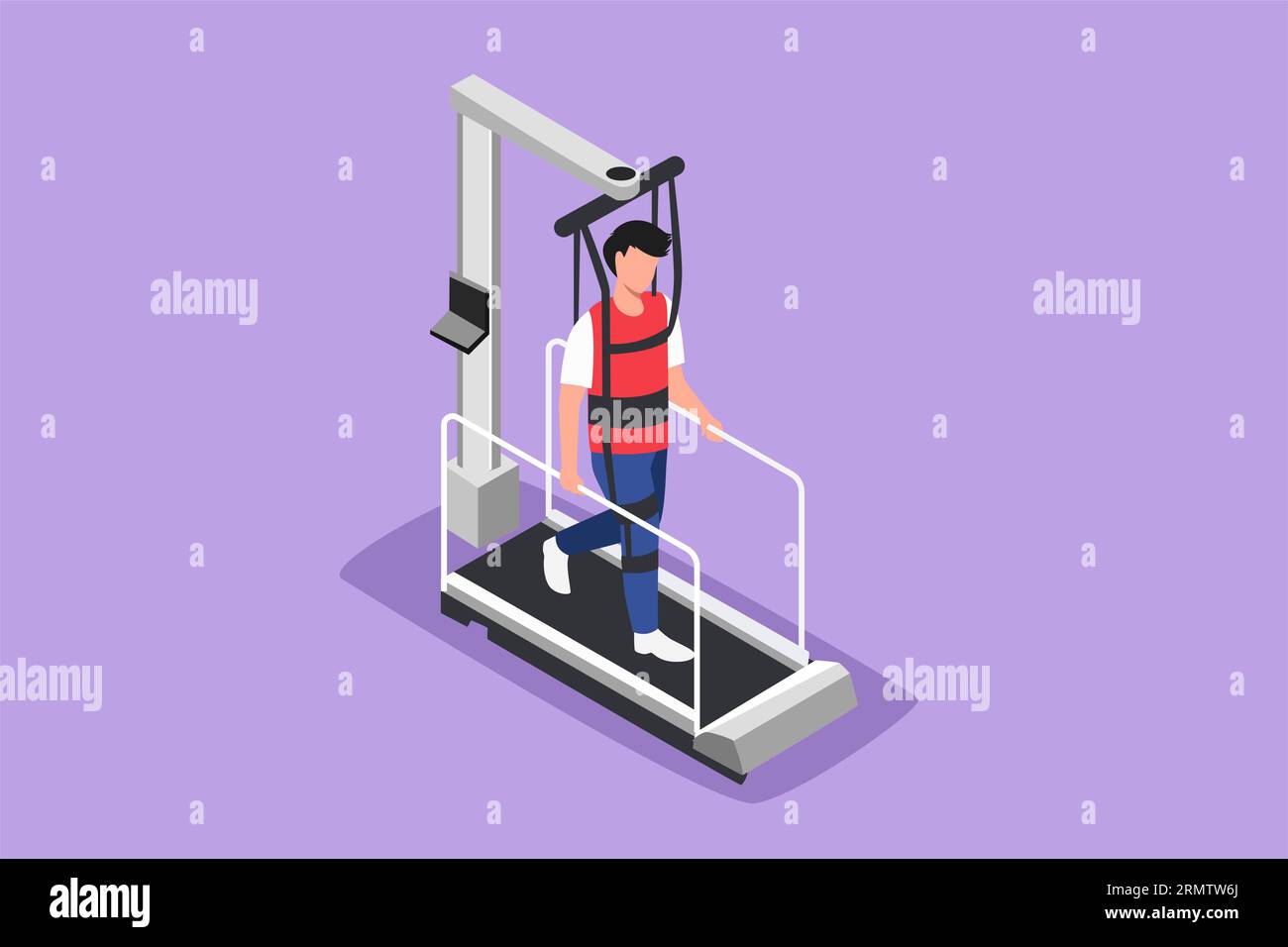 Character flat drawing of physiotherapy rehabilitation isometric composition with man walking on medical running machine in hospital. Healthcare treat Stock Photo