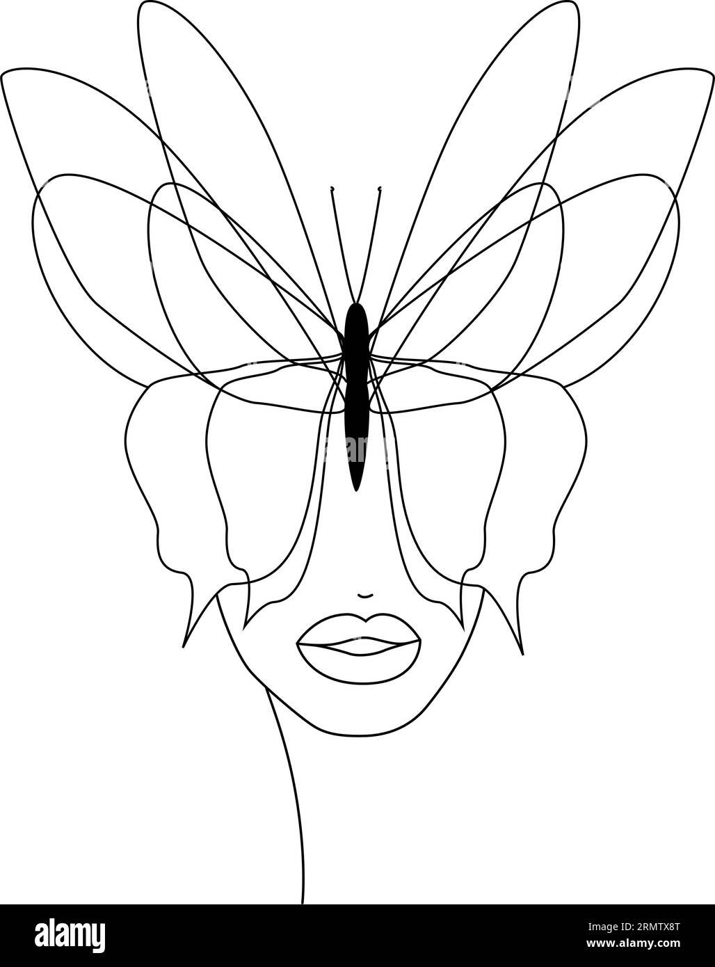 Butterfly. Butterfly face, continuous line, face and hairstyle drawing