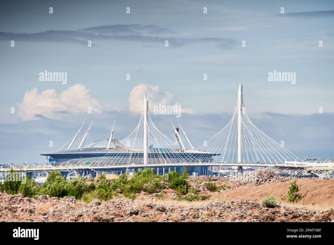 Russia, St.Petersburg, 07 July 2023: Expressway of the western high-speed diameter in clear sunny weather, green lawns along the road, cable-stayed Stock Photo