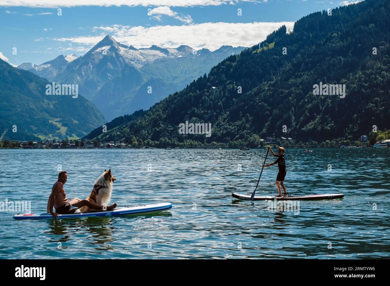 Paddle boarder giving his dog a ride on Zeller See, Zell am See
