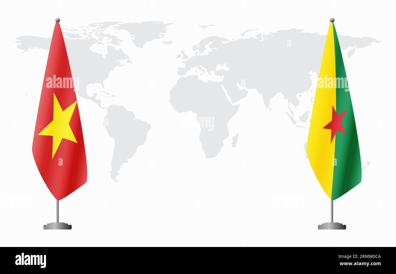 Vietnam and French Guiana flags for official meeting against background of world map. Stock Vector