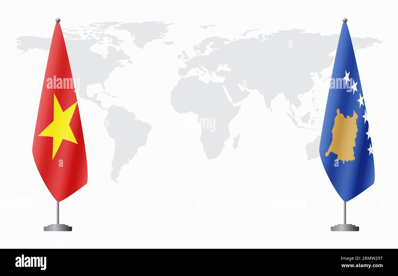 Vietnam and Kosovo flags for official meeting against background of world map. Stock Vector