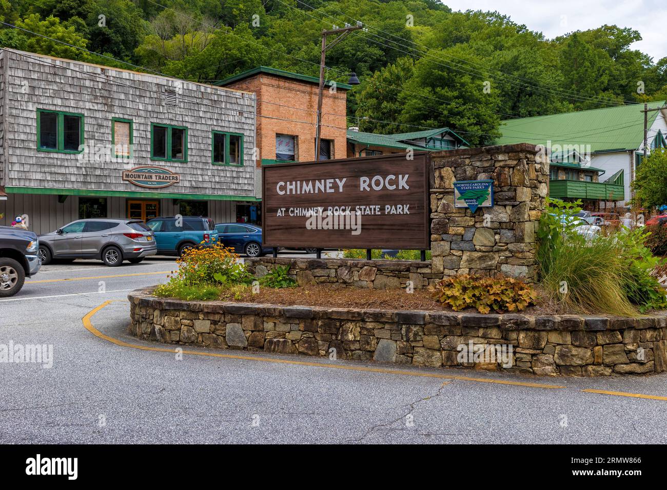 Chimney Rock, North Carolina, USA August 11, 2023 Downtown sign to the entrance to Chimney