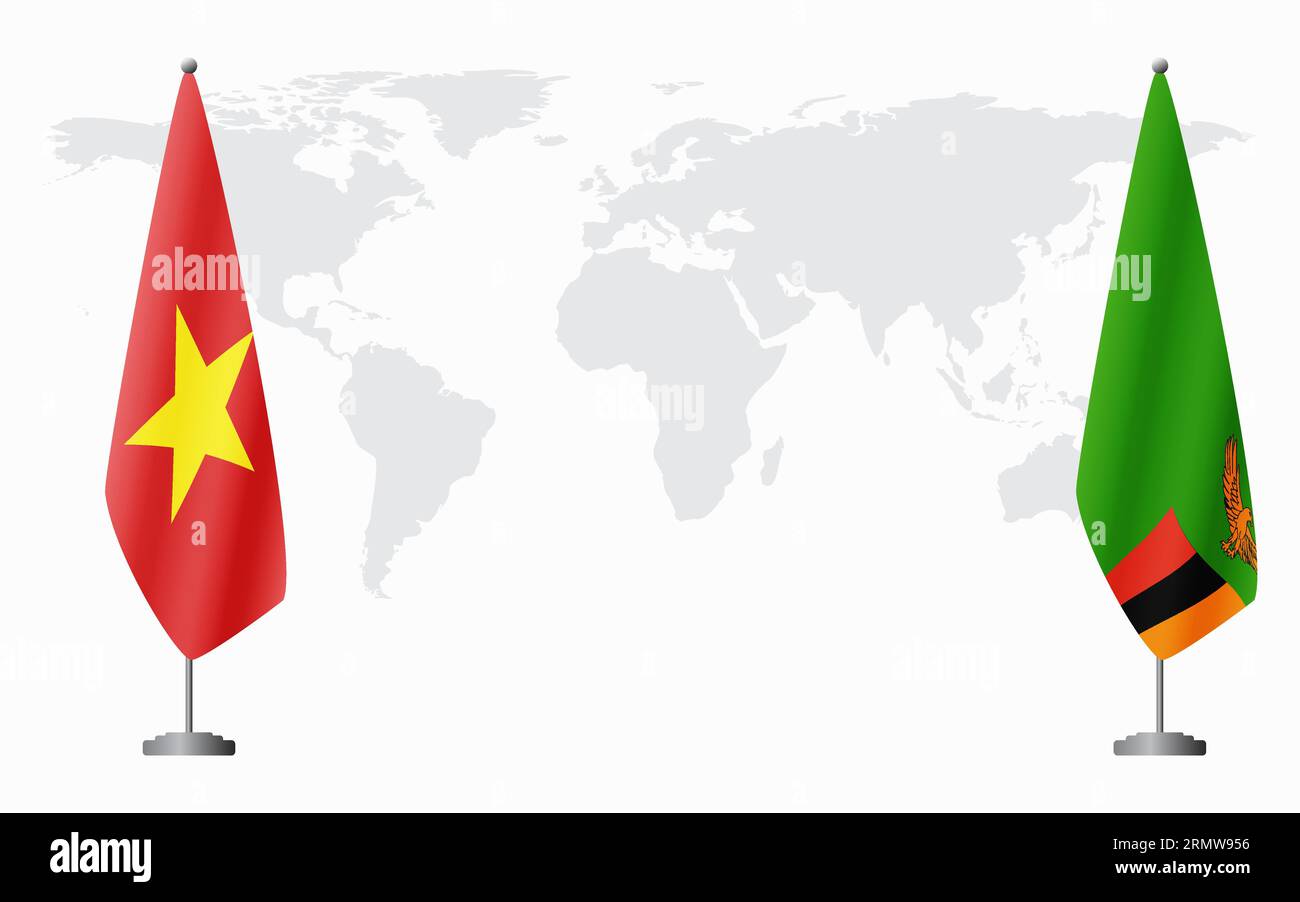 Vietnam and Zambia flags for official meeting against background of world map. Stock Vector