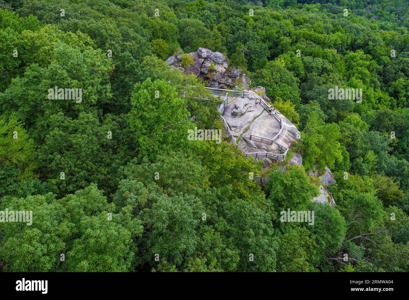 Chimney Rock, North Carolina, USA - August 11, 2023:View from above of a platform below at Chimney Rock State Park. Stock Photo