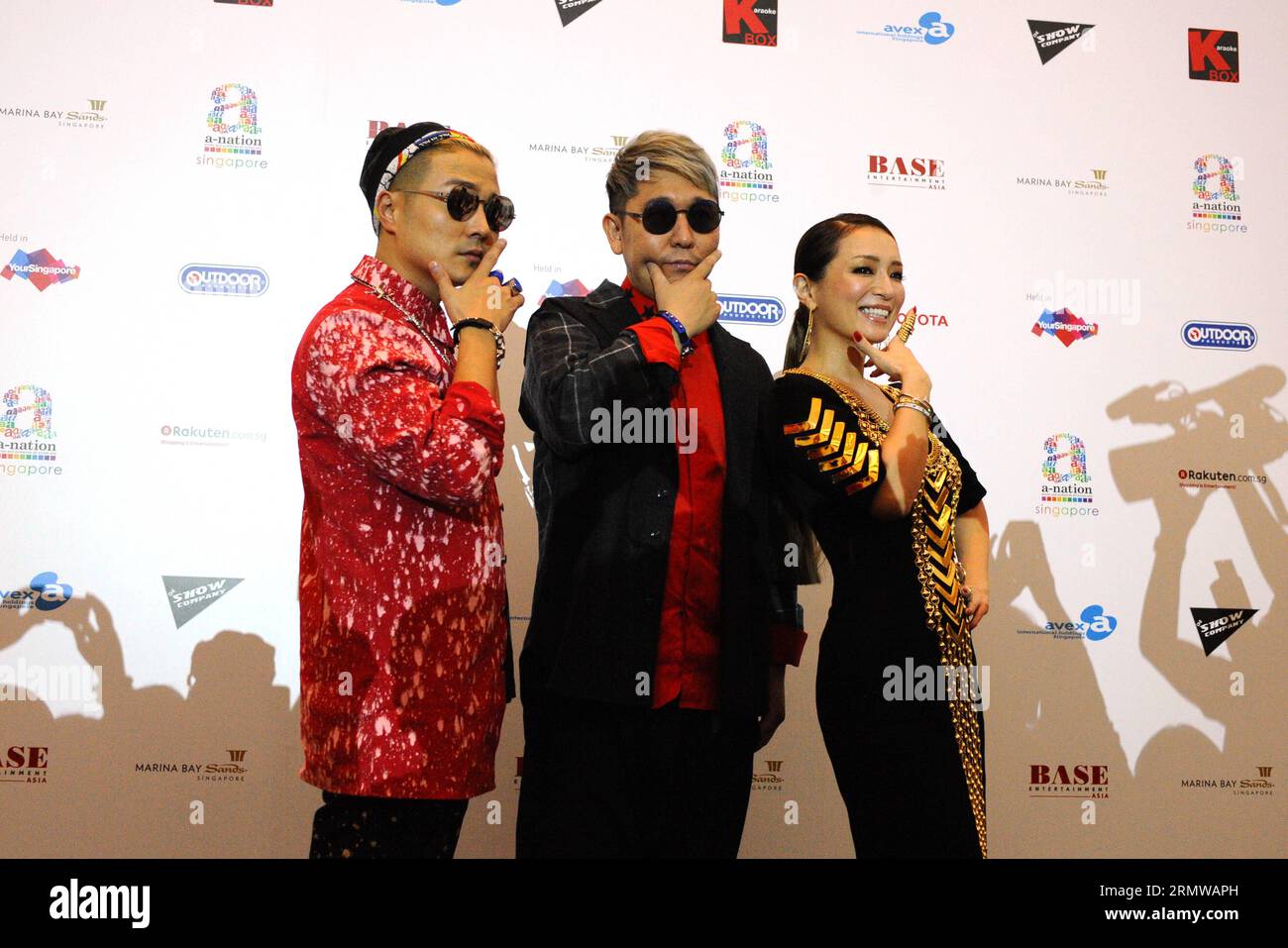 (141017) -- SINGAPORE, Oct. 17, 2014 -- Japan s singer Ayumi Hamasaki (R) and hip-hop duo m-flo attend a pre-concert press conference hosted by the a-nation concert in Singapore s Marina Bay Sands Theatre, Singapore, Oct. 17, 2014. The a-nation Singapore concert will be held on Oct. 18, the first time it is held outside Japan. ) SINGAPORE-JAPAN-MUSIC-PRESS CONFERENCE ThenxChihxWey PUBLICATIONxNOTxINxCHN   Singapore OCT 17 2014 Japan S Singer   r and Hip Hop Duo M Flo attend a Pre Concert Press Conference hosted by The a Nation Concert in Singapore S Marina Bay Sands Theatre Singapore OCT 17 20 Stock Photo