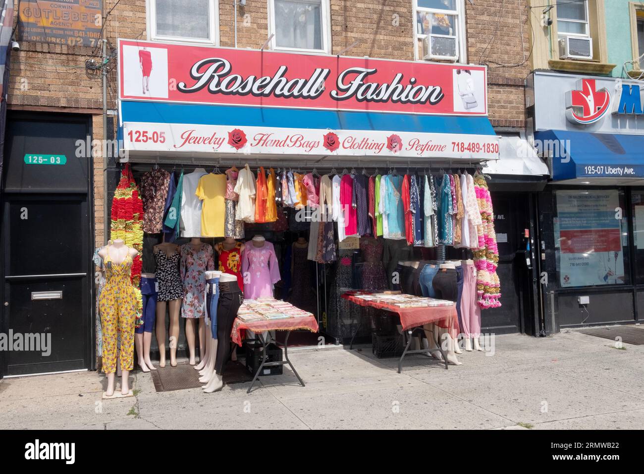 The exterior of Rosehall Fashion on Liberty Avenue in Jamaica, Queens. It's shop that emphasizes Multiculturalism. In Jamaica, Queens, New York. Stock Photo