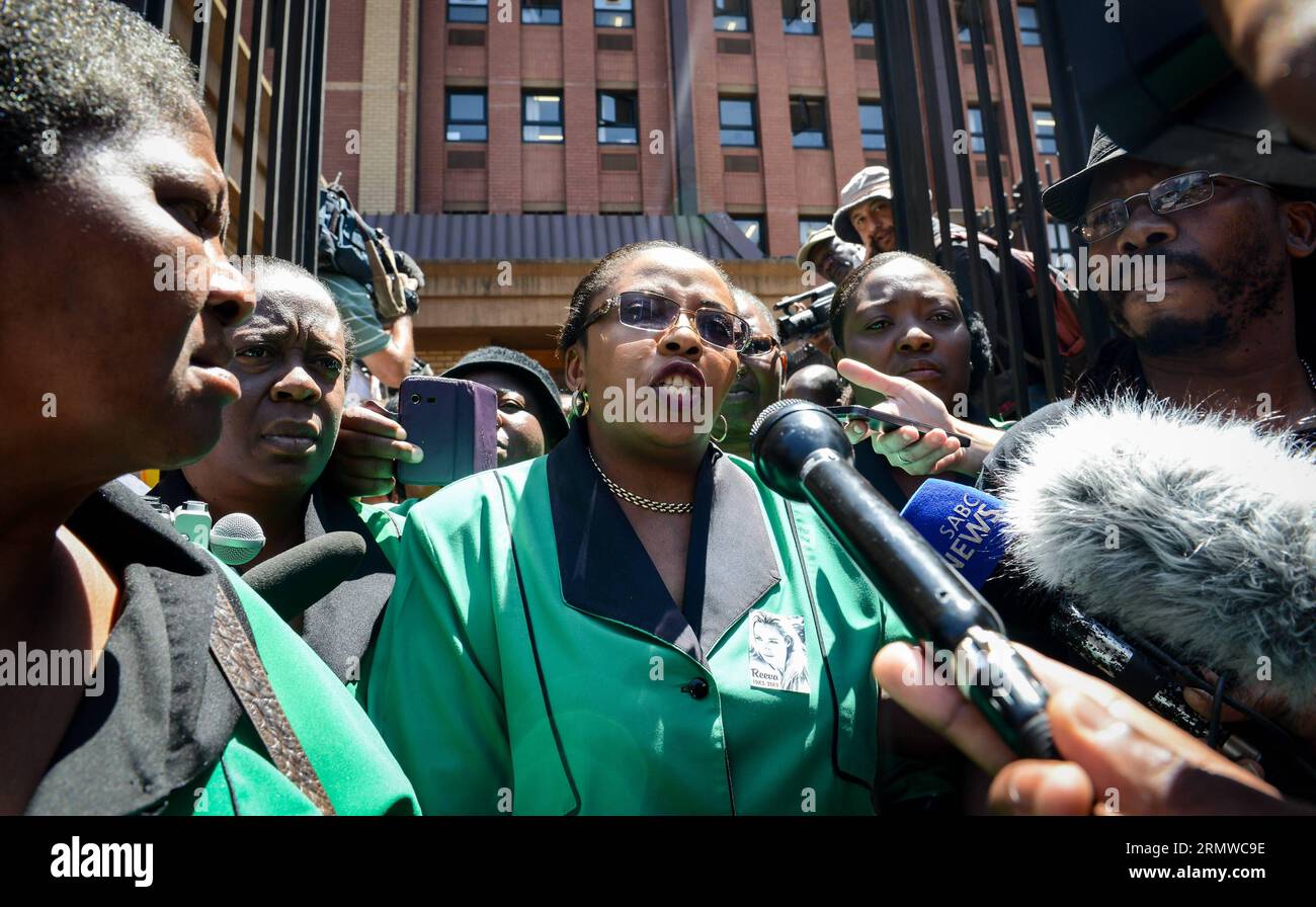 (141021) -- PRETORIA, Oct. 21, 2014 -- African National Congress (ANC) Women s League spokesperson Jackie Mofokeng (C) expresses her disappointments during an interview outside of the North Gauteng High Court in Pretoria, South Africa, on Oct. 21, 2014. South African Gauteng High Court Judge Thokozile Masipa on Tuesday sentenced South African Olympic and Paraolympic athlete Oscar Pistorius to 5 years in jail for killing his girlfriend Reeva Steenkamp at his Pretoria home on February 14, 2013. )(wll) (SP)SOUTH AFRICA-PRETORIA-OSCAR-TRIAL-SENTENCE ZhaixJianlan PUBLICATIONxNOTxINxCHN   Pretoria O Stock Photo