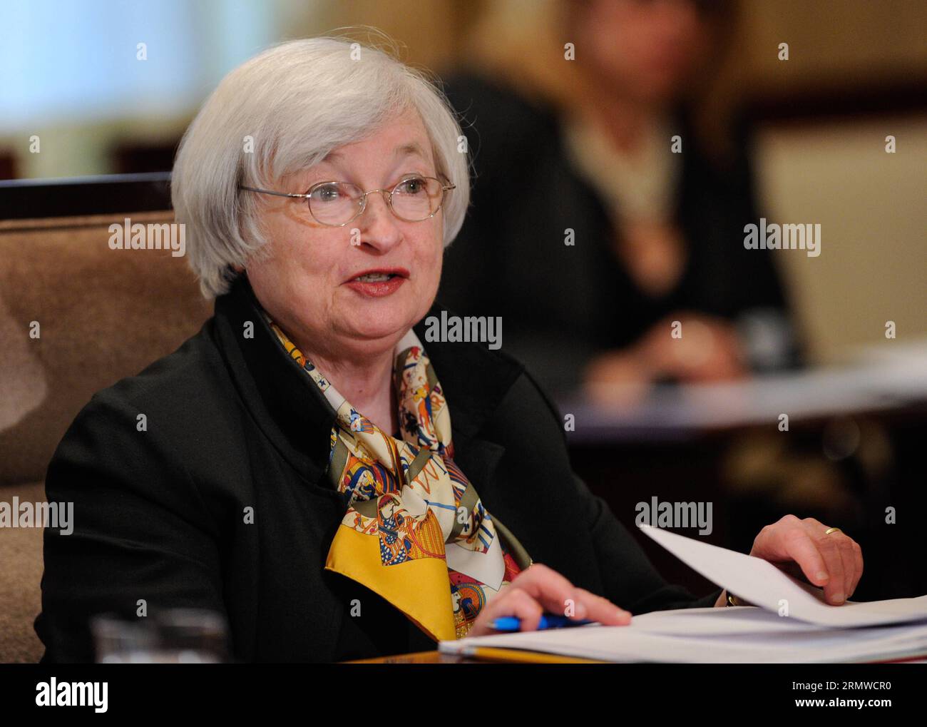 141022 -- WASHINGTON D.C., Oct. 22, 2014 -- U.S. Federal Reserve Chair Janet Yellen attends an open meeting at the U.S. Federal Reserve in Washington D.C., capital of the United States, Oct. 22, 2014. U.S. Fed Board Governors held an open meeting to discuss a final rulemaking requiring sponsors of securitization transactions to retain risk in those transactions.  US-WASHINGTON-FEDERAL RESERVE-MEETING BaoxDandan PUBLICATIONxNOTxINxCHN Stock Photo