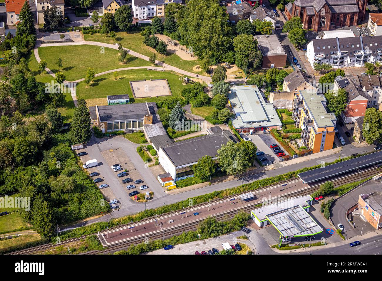  Aerial view, indoor swimming pool and park of generations, kindergarten Motiv 