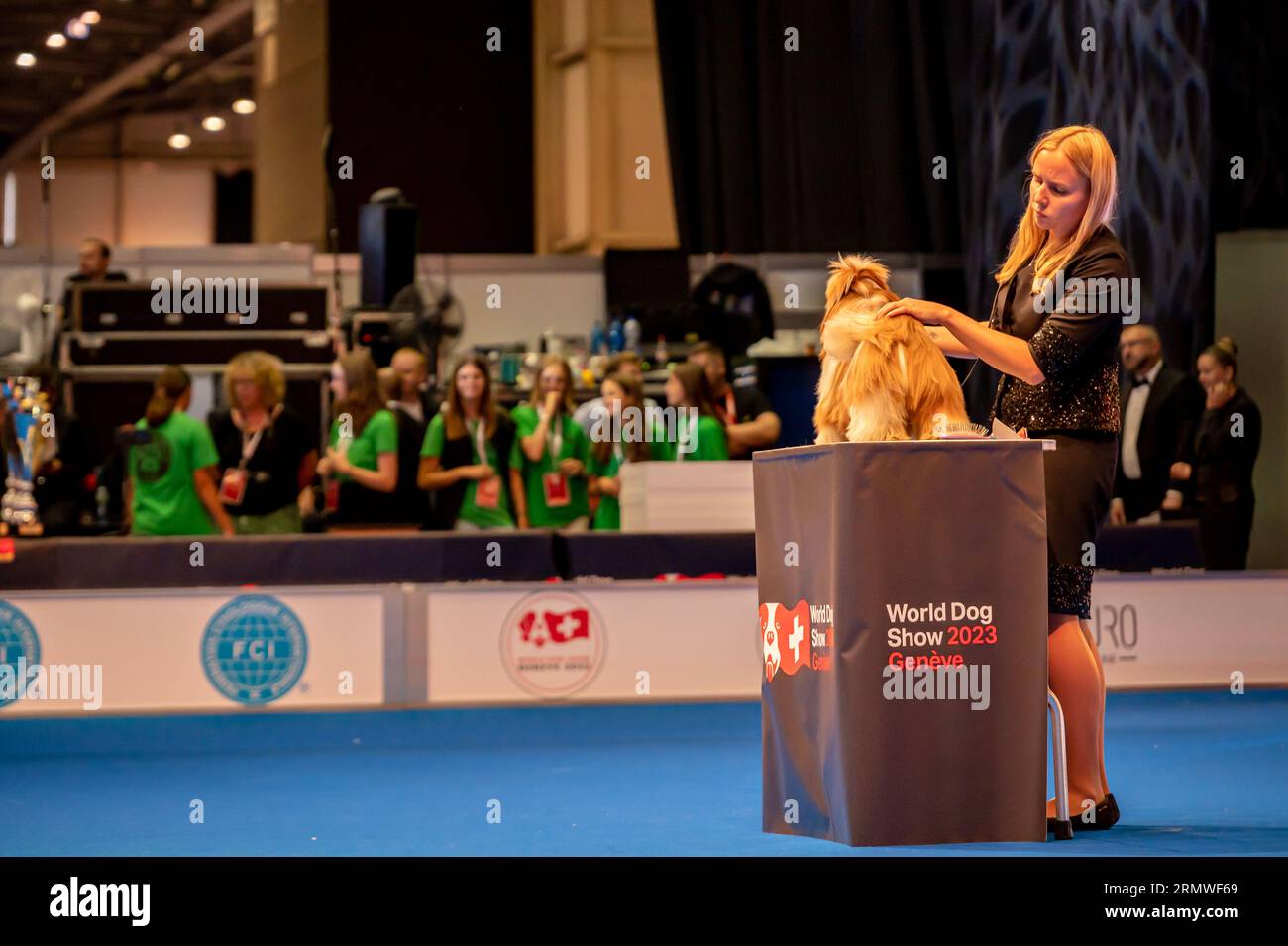 Geneva, Geneva Canton, Switzerland - 27 August, 2023: Handler presenting dog during World dog show. Stock Photo