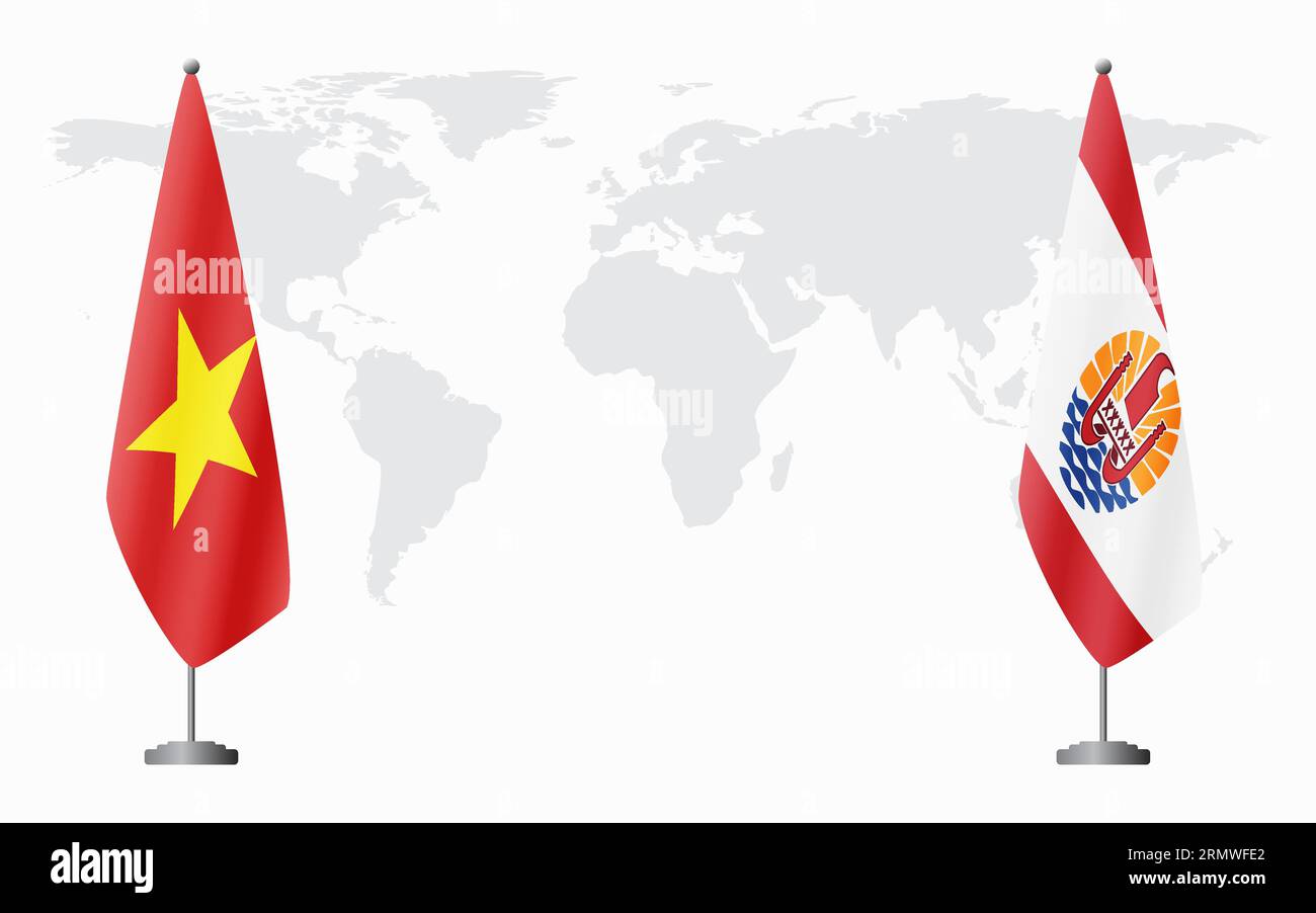 Vietnam and French Polynesia flags for official meeting against background of world map. Stock Vector