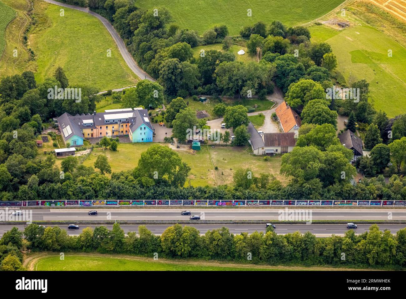 Aerial view, meadows and fields at the highway A43 in Herbede, Christopherus-Haus e.V. children's home Rüsbergstraße, Westherbede, Witten, Ruhr area, Stock Photo