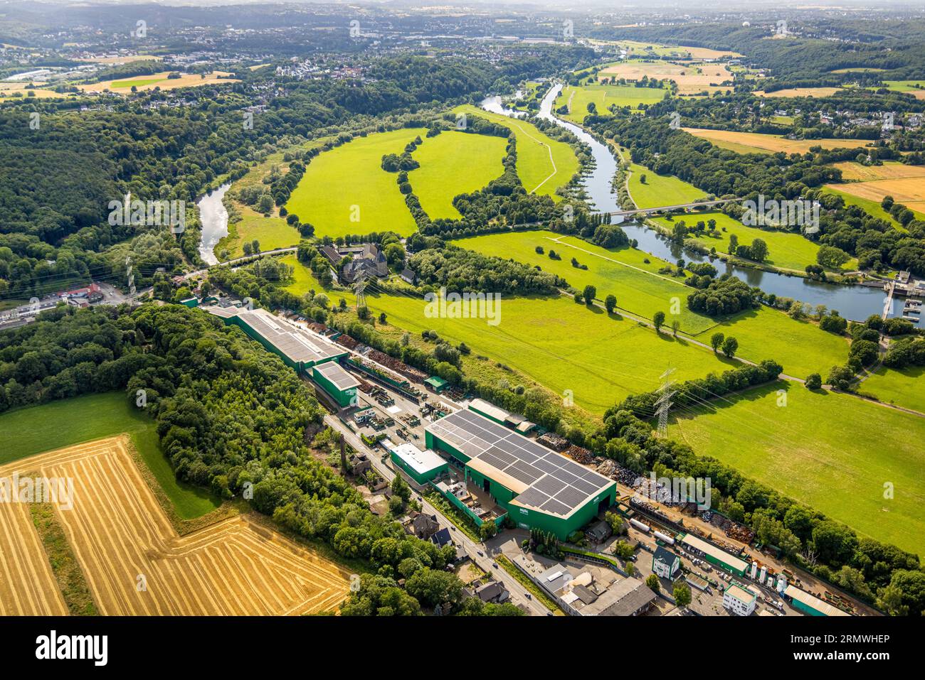 Aerial view, Old Ruhr Katzenstein, Green meadows and fields at the river Ruhr and Ruhraue, Kemnade moated castle with Ruhr bridge Kemnade, Bötzel scra Stock Photo