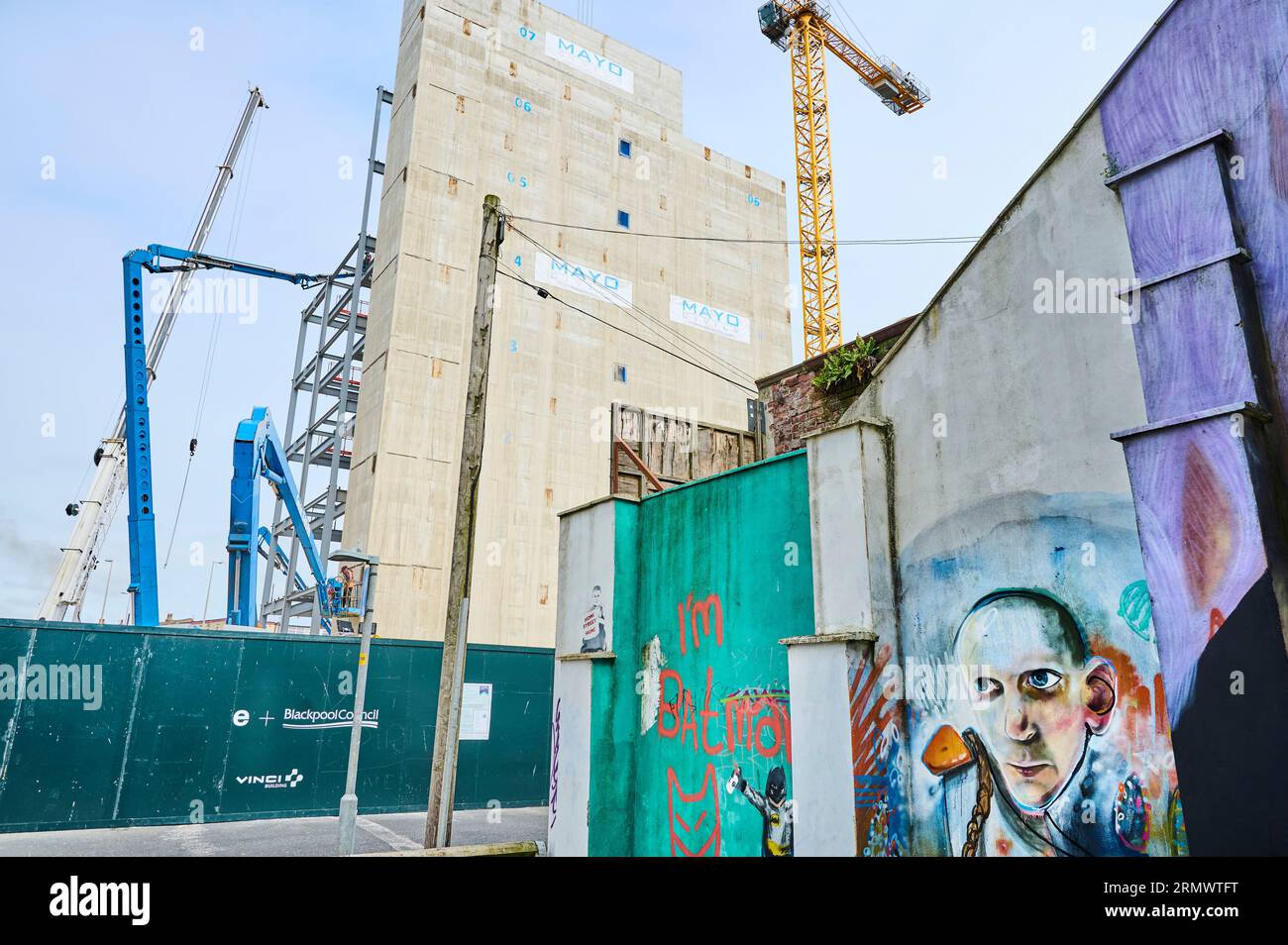 Street art and new government building (civil service) under construction in Blackpool,UK Stock Photo