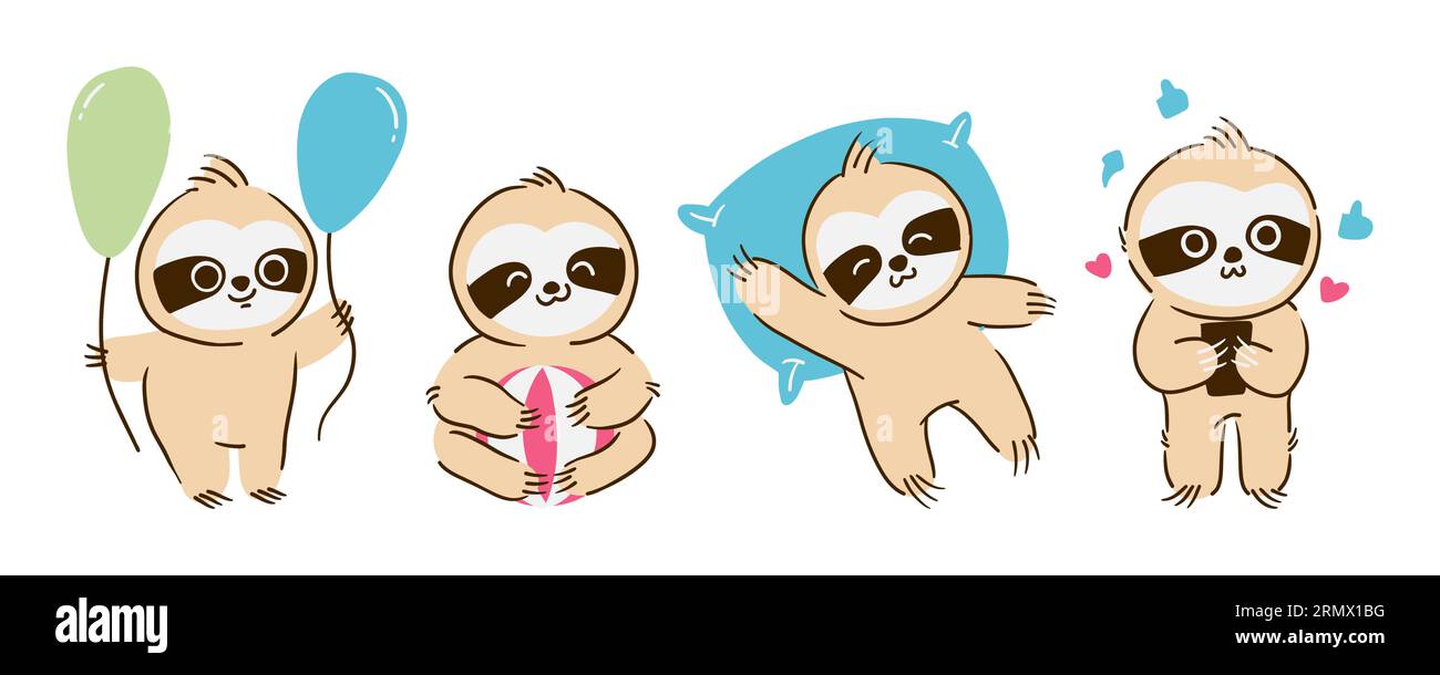 Set of sloth bear cartoon characters . Hand drawn style . White ...