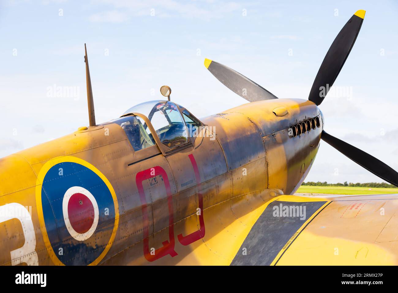 WW' fighter, Supermarine, Spitfire Mk1Xe, Low level, MK356 of the Battle of Britain Memorial Flight, RAF. On the apron at RAF Syerston, England. The a Stock Photo