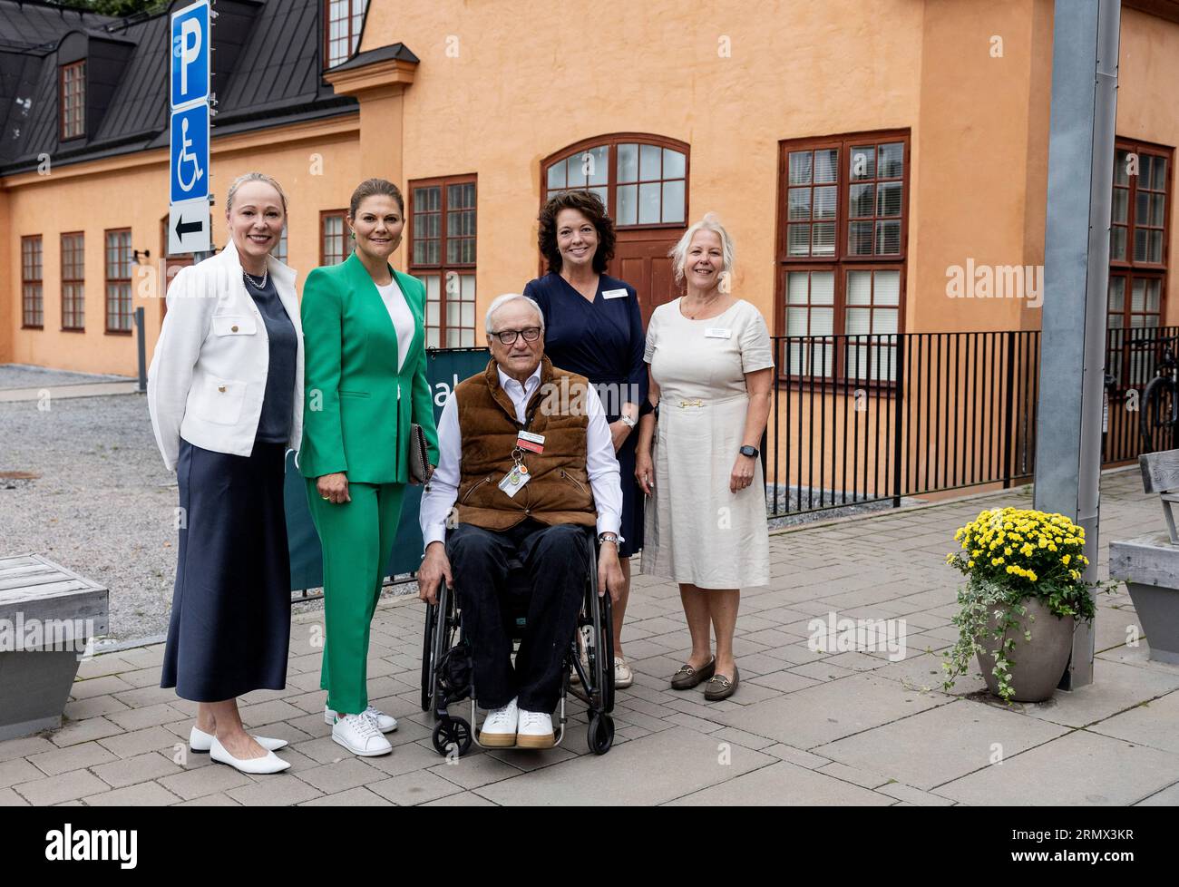 Crown Princess Victoria together with Sofia Palmquist (L), Group CEO Aleris, Claes Hulting, CEO Stiftelsen Spinalis, Helena Ahlskog, Operations Manager Aleris Rehab Station and Annika Törnsten, Operations Manager Aleris Rehab Stationduring a visit to Aleris Rehab Station in Frosundavik outside Stockholm, Sweden August 30, 2023. Photo: Christine Olsson / TT / Kod 10430 Stock Photo