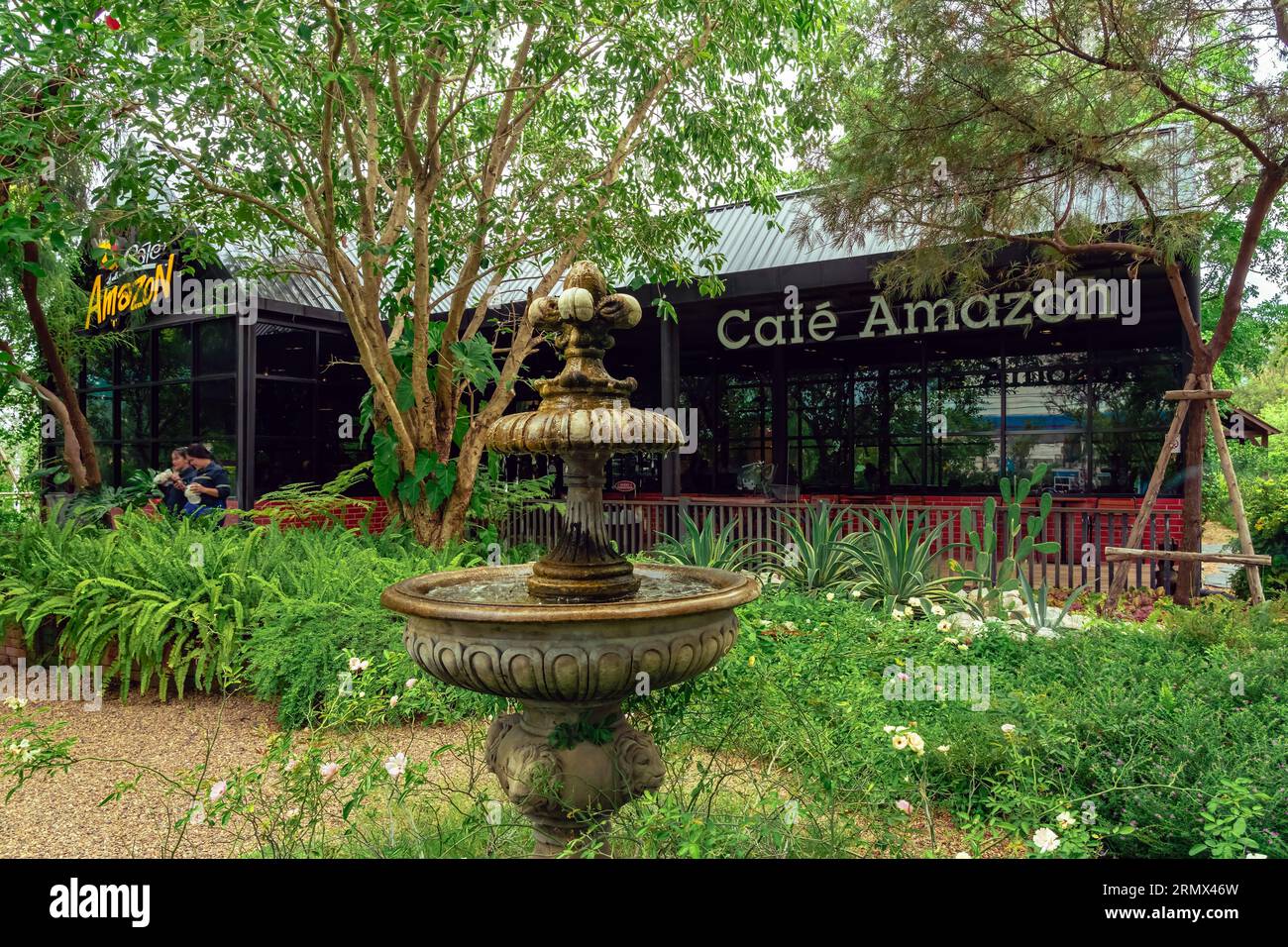 KANCHANABURI, THAILAND-JULY 1,2023 : Beautiful exterior view of Cafe Amazon coffee shop with nature environment at PTT Oil station. Cafe Amazon is a f Stock Photo