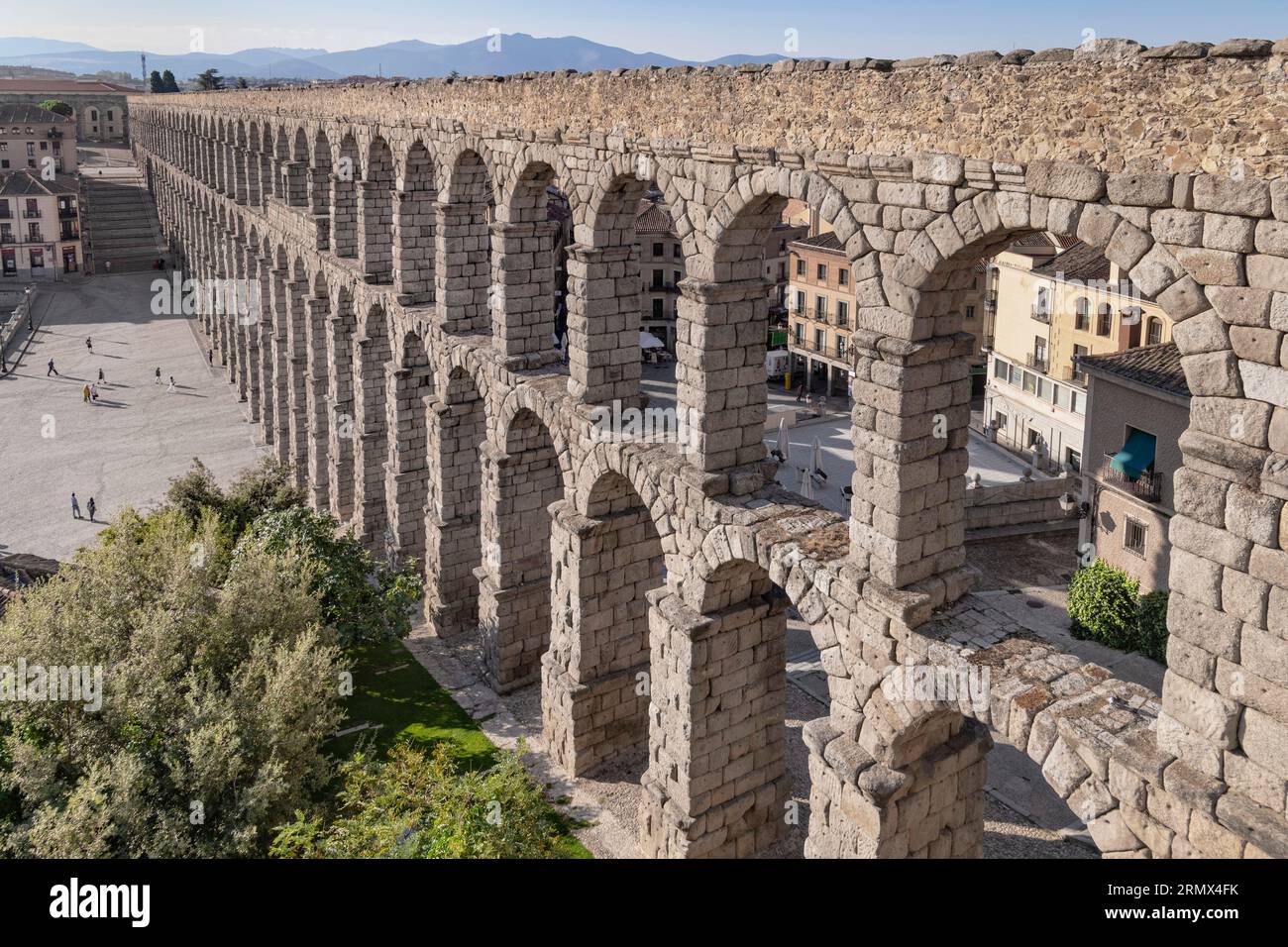 Spain, Castile and Leon, Segovia, Vista from the Postigo del Consuelo Mirador of the Aqueduct of Segovia, a Roman aqueduct with 167 arches built aroun Stock Photo