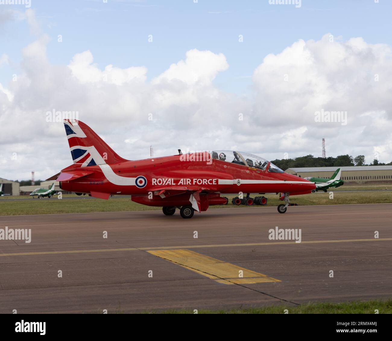 One of the Red Arrows RAF aerobatic display team's  Hawk T1/T1A jet aircraft prepares to leave the 2023 Royal International Air Tattoo Stock Photo