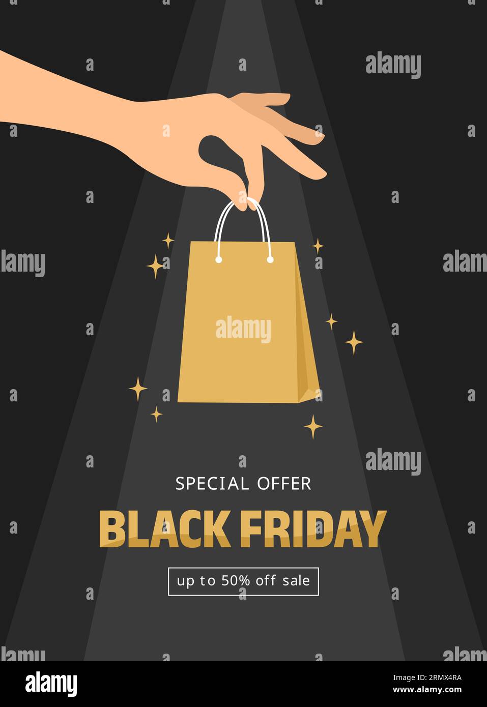 A hand holding a golden sparkling package in its fingers under rays of light with the text below on a black background. Black friday sale banner. Vect Stock Vector
