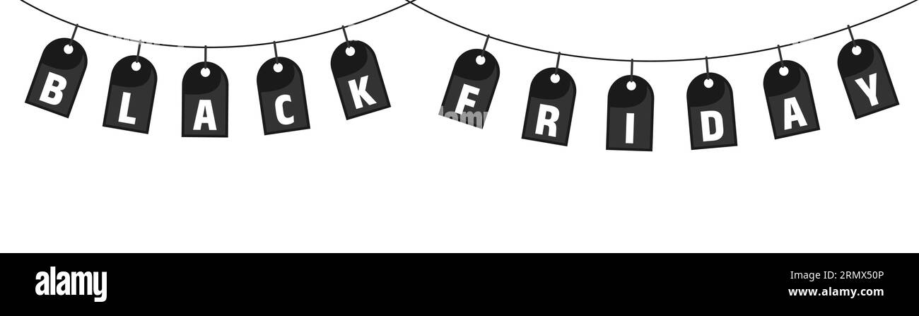 Black friday garland of tags with letters isolated on white background. Vector illustration Stock Vector
