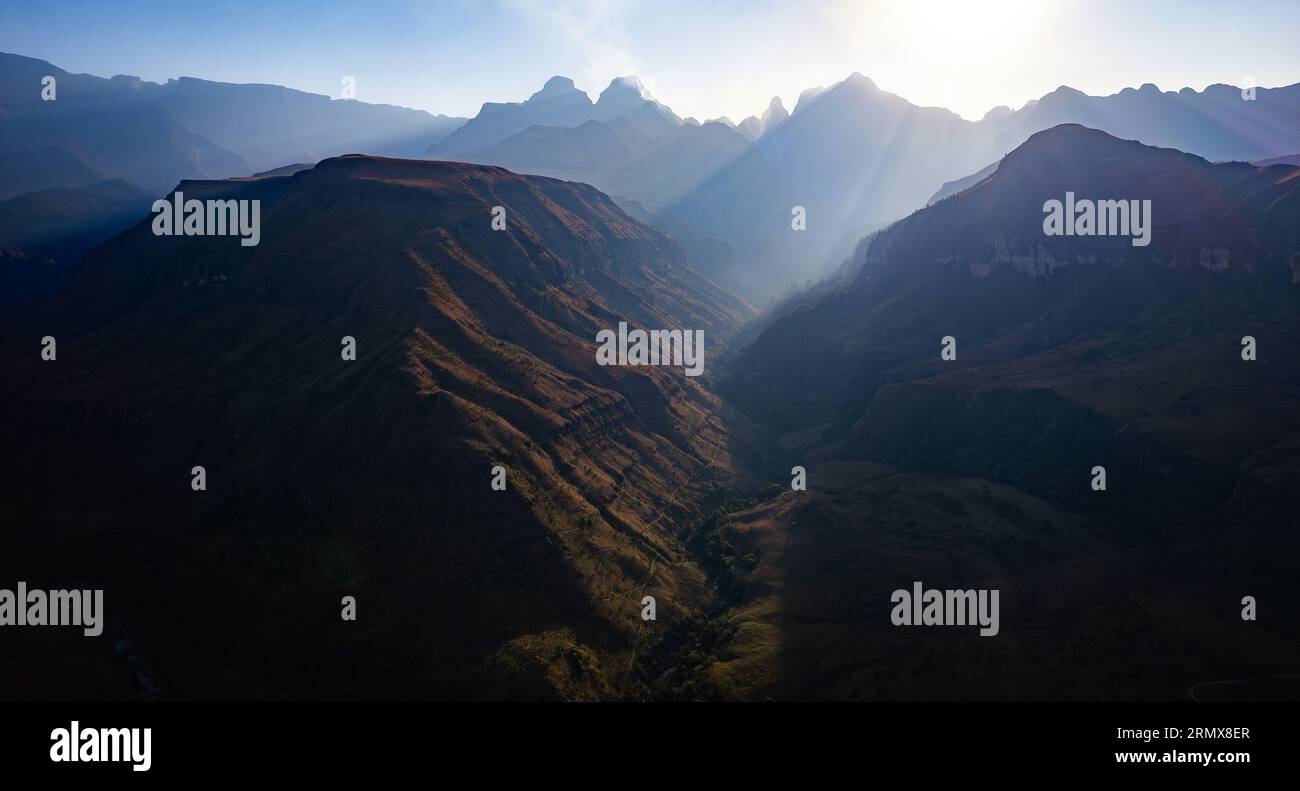 Aerial view of Cathedral Peak in Drakensberg mountains, at the Lesotho ...