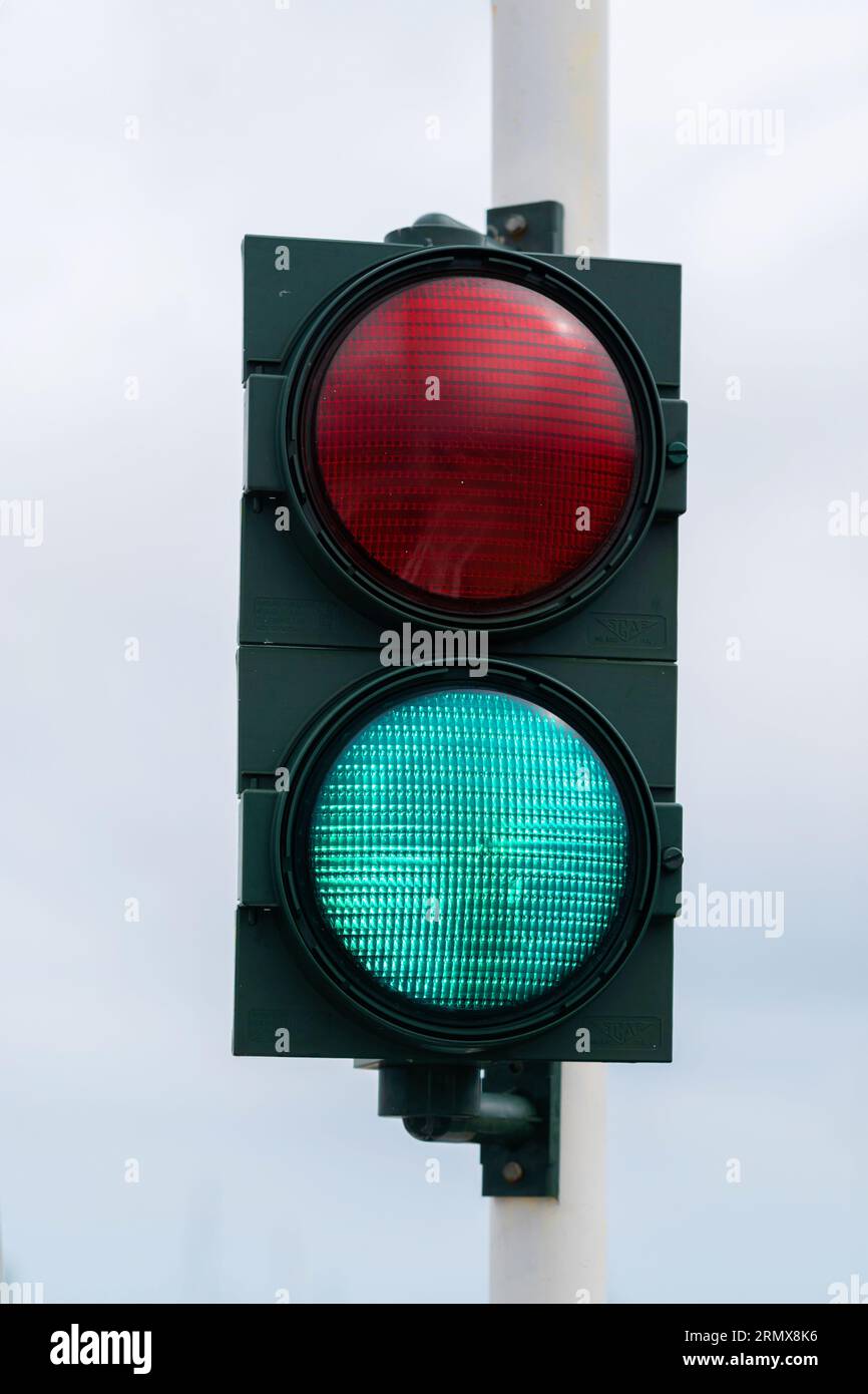 Traffic light with barrier gate work. Traffic lights with two colors on