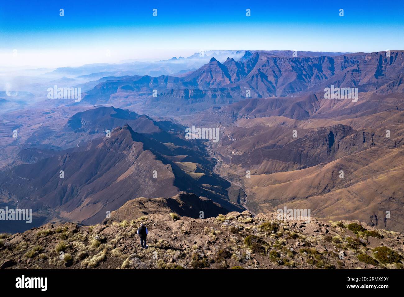 Aerial view of Cathedral Peak in Drakensberg mountains, at the Lesotho ...