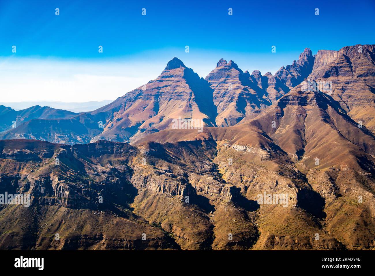 Aerial view of Cathedral Peak in Drakensberg mountains, at the Lesotho ...