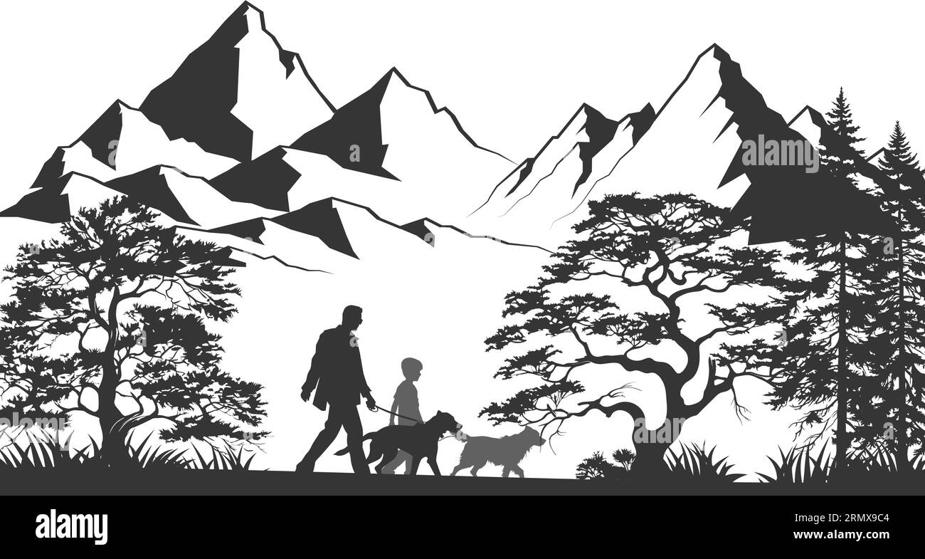 Mountain lake silhouette graphic art black white landscape illustration
