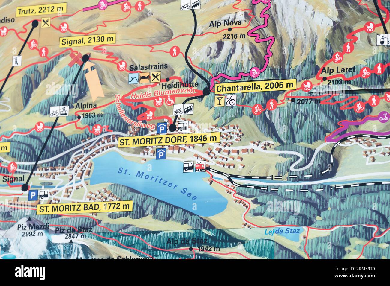 Switzerland, St.Moritz June 6, 2023 St Moritz Part of the physical map in Saint Moritz park
