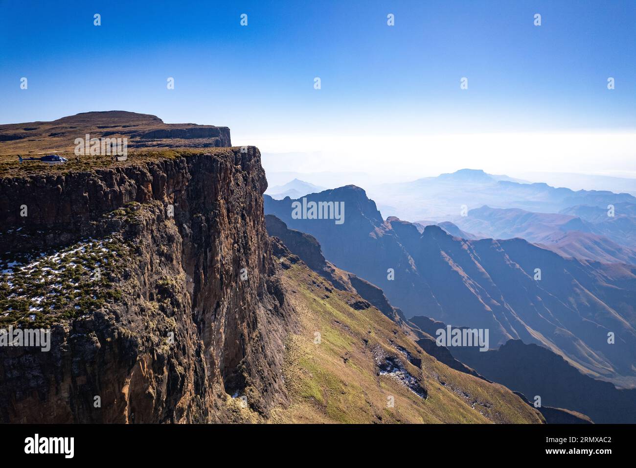 Aerial view of Cathedral Peak in Drakensberg mountains, at the Lesotho ...