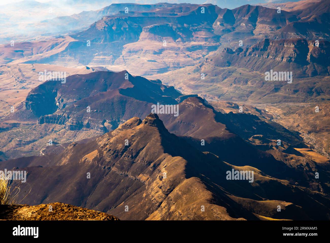 Aerial view of Cathedral Peak in Drakensberg mountains, at the Lesotho ...