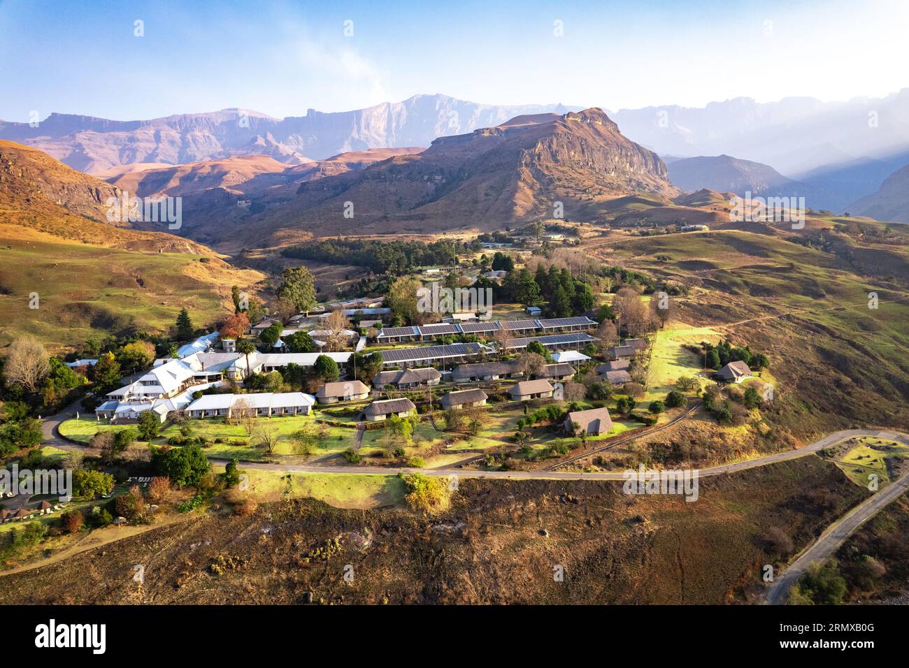 Aerial view of Cathedral Peak in Drakensberg mountains, at the Lesotho ...