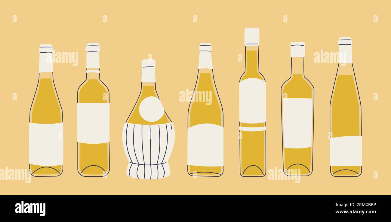 Set of bottles with white wine of various shapes and sizes. Classic shaped glass wine bottles