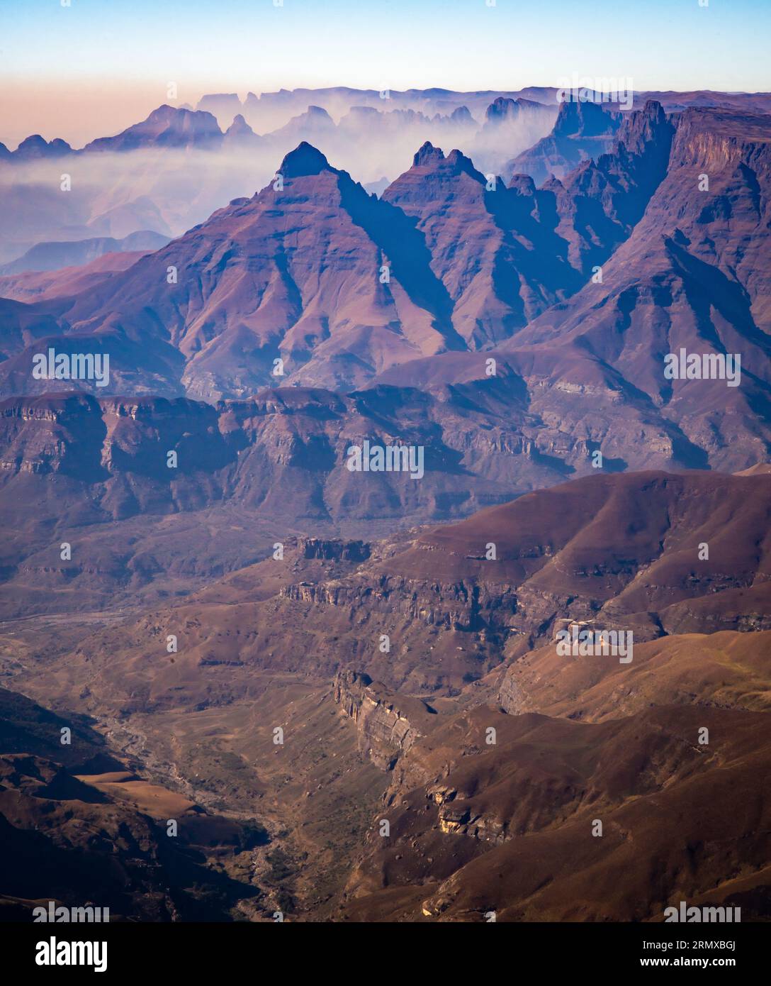 Aerial view of Cathedral Peak in Drakensberg mountains, at the Lesotho ...