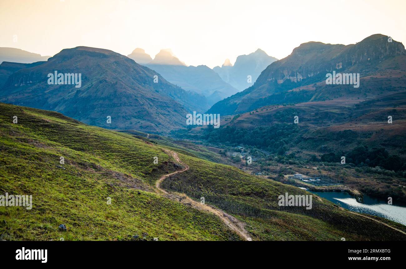 Aerial view of Cathedral Peak in Drakensberg mountains, at the Lesotho ...