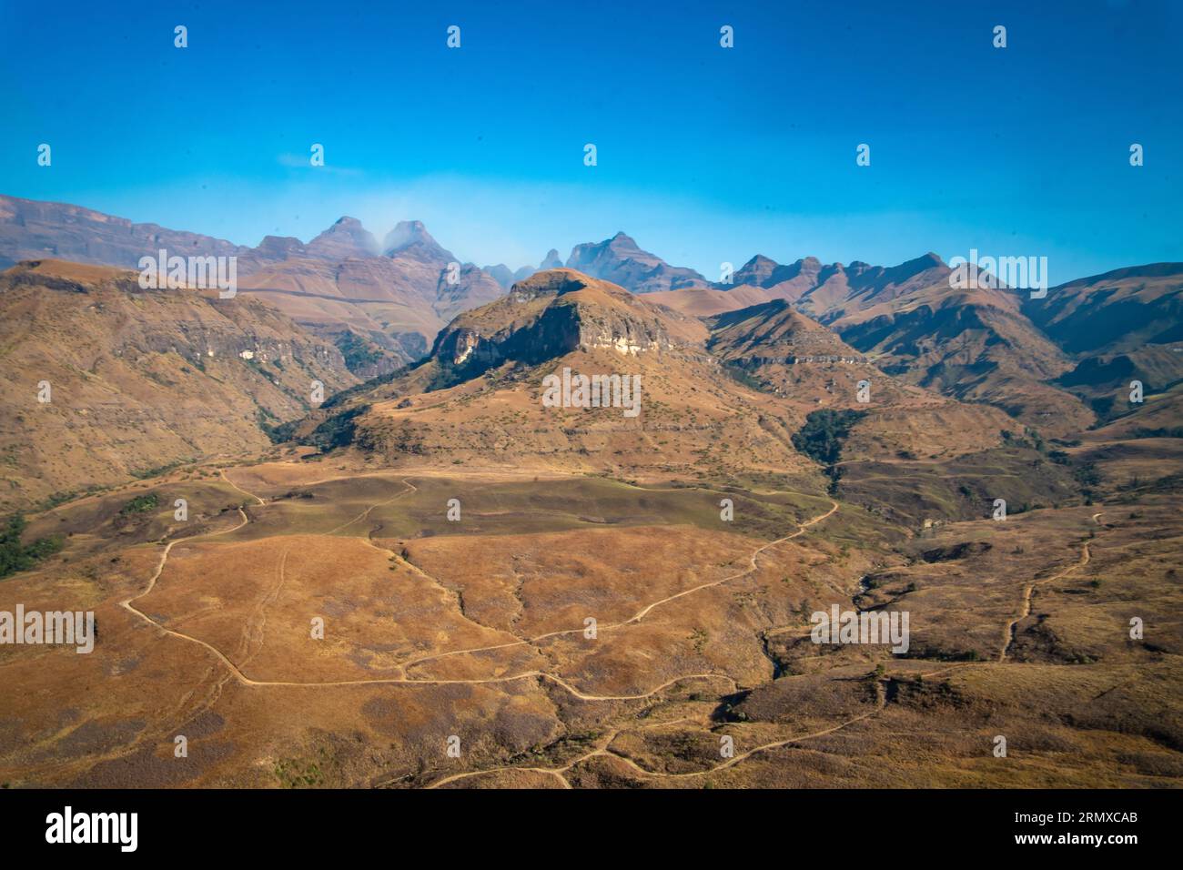 Aerial view of Cathedral Peak in Drakensberg mountains, at the Lesotho ...