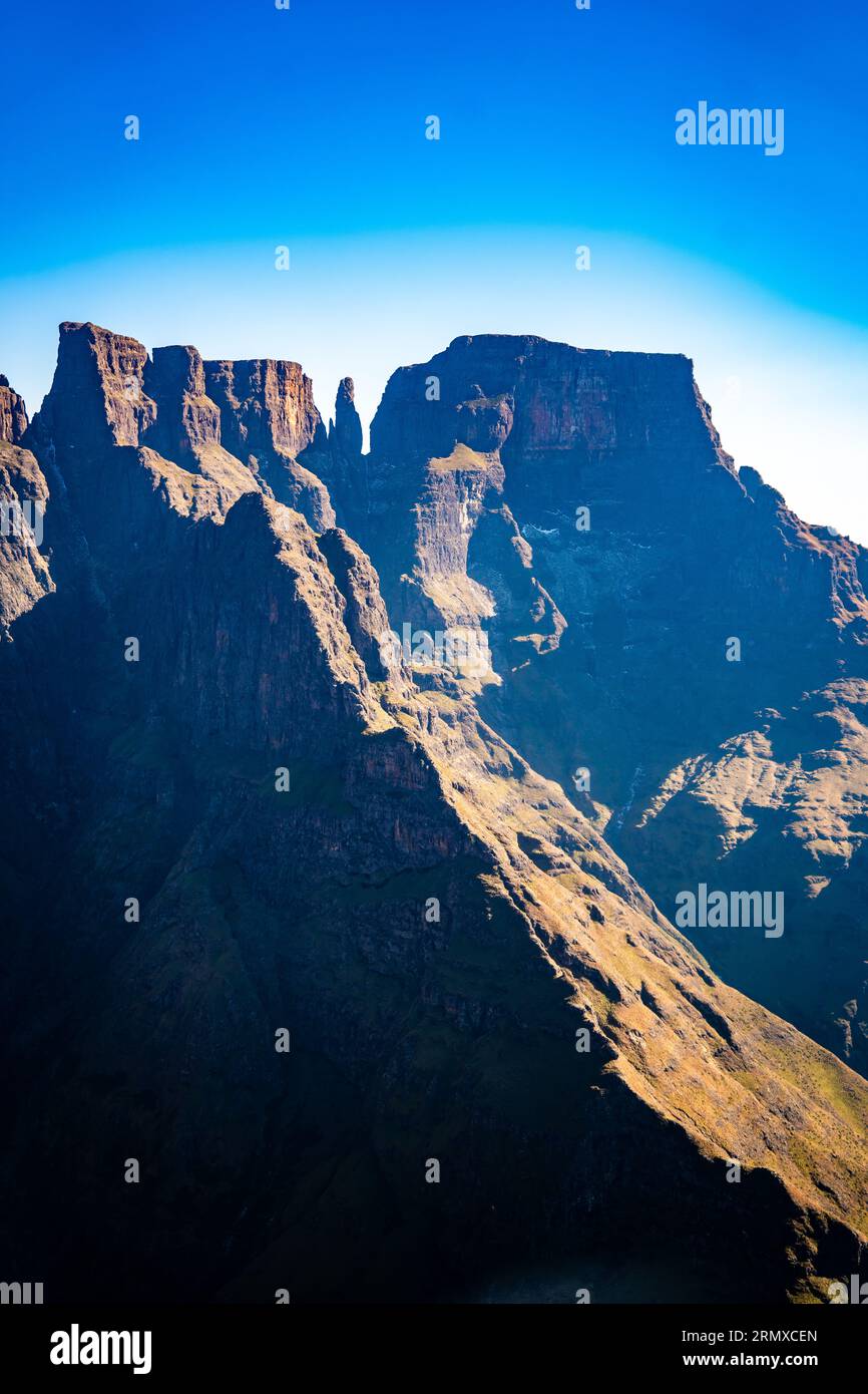 Aerial view of Cathedral Peak in Drakensberg mountains, at the Lesotho ...