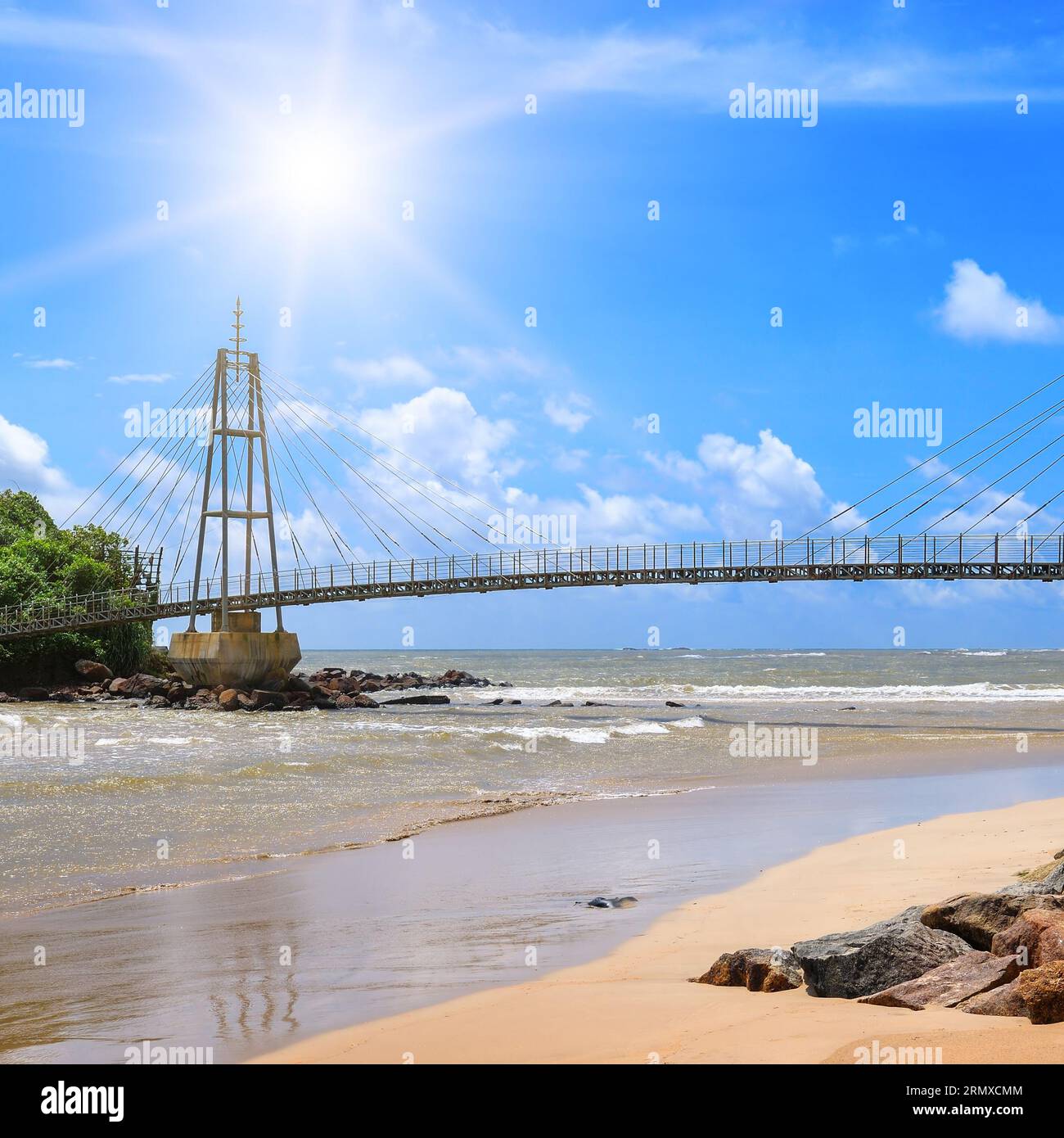 Modern pedestrian bridge on an island in the ocean . Matara. Sri Lanka ...